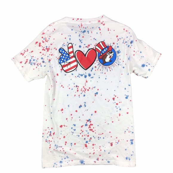 Buc-ee's 4th of July Paint Splatter T-Shirt Red White Blue Patriotic Size Small - Picture 3 of 5
